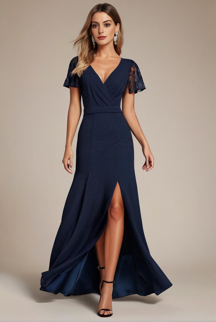 glitter high low front side slit ruffled v neck evening dress 120890