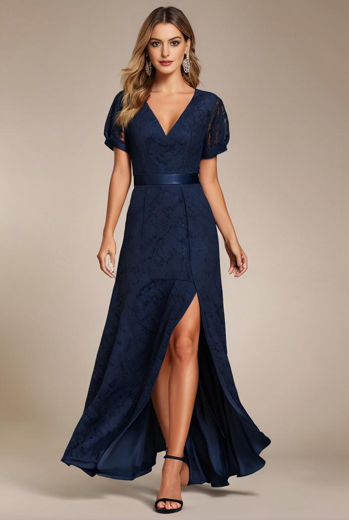 glitter high low front side slit ruffled v neck evening dress 120893