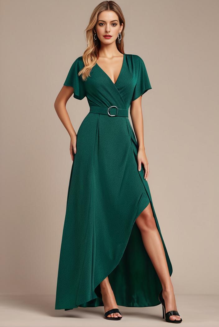 glitter high low front side slit ruffled v neck evening dress 120906