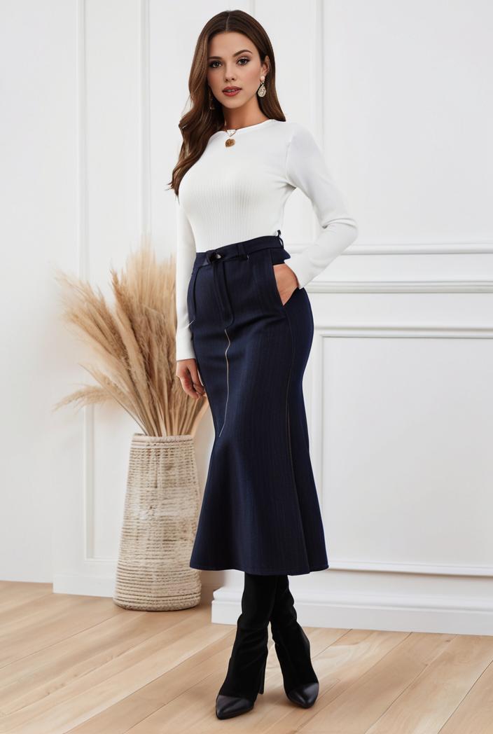 mermaid denim skirt with slant pockets stretch high waist women s denim midi skirt 117638