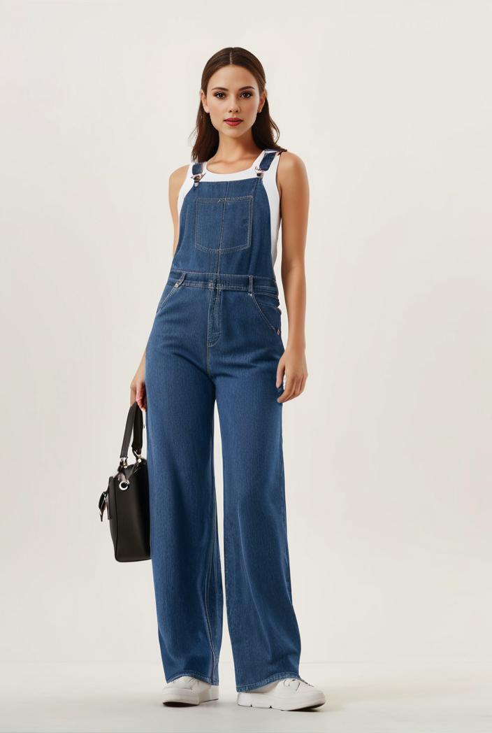 relaxed fit blue denim romper with slant pockets distressed denim coverall stylish women s denim outfit 119805