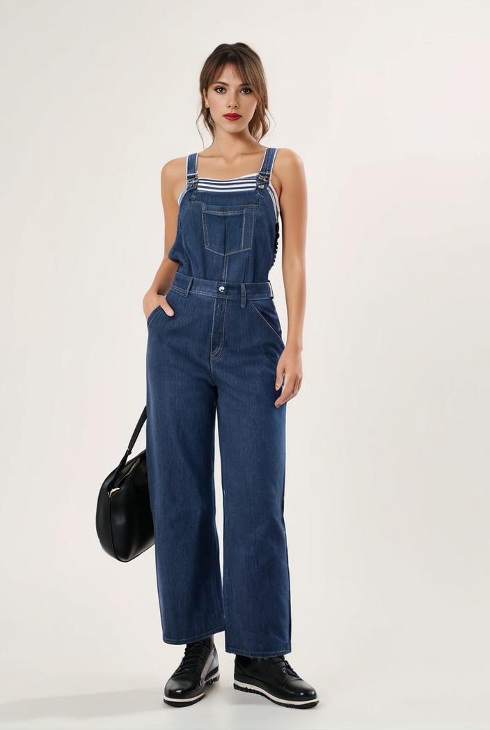 relaxed fit blue denim romper with slant pockets distressed denim coverall stylish women s denim outfit 119806