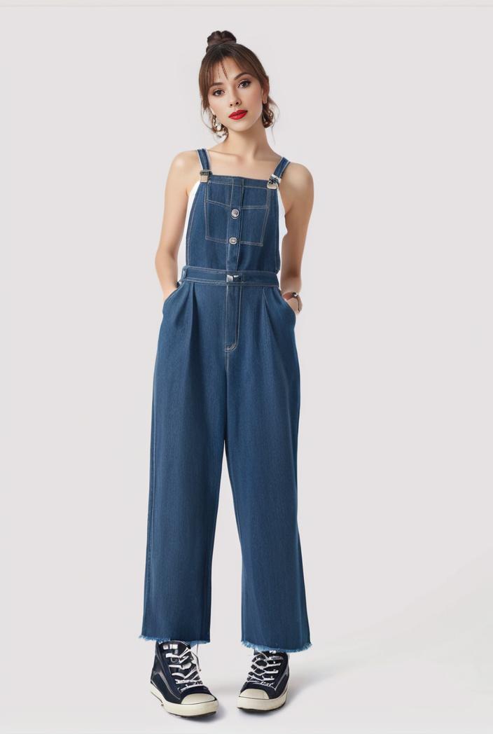 relaxed fit blue denim romper with slant pockets distressed denim coverall stylish women s denim outfit 119831