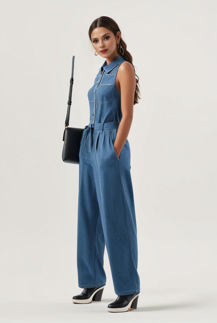 relaxed fit blue denim romper with slant pockets distressed denim coverall stylish women s denim outfit 119833