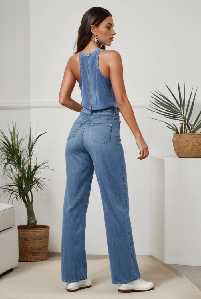 relaxed fit denim jumpsuit with slant pockets non elastic washed denim overalls women s denim apparel 119864