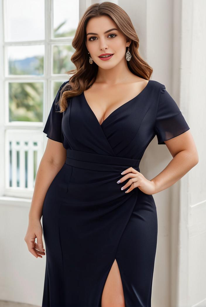 plus size front slit short sleeve with sequin mother of the bride dress 124641
