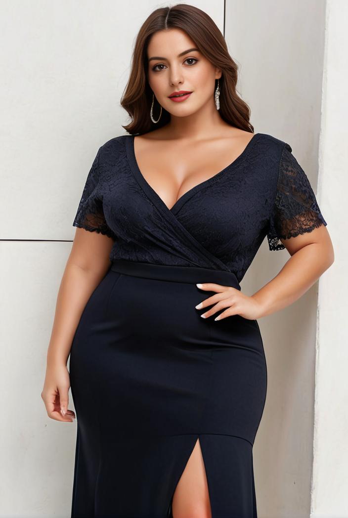 plus size front slit short sleeve with sequin mother of the bride dress 124643