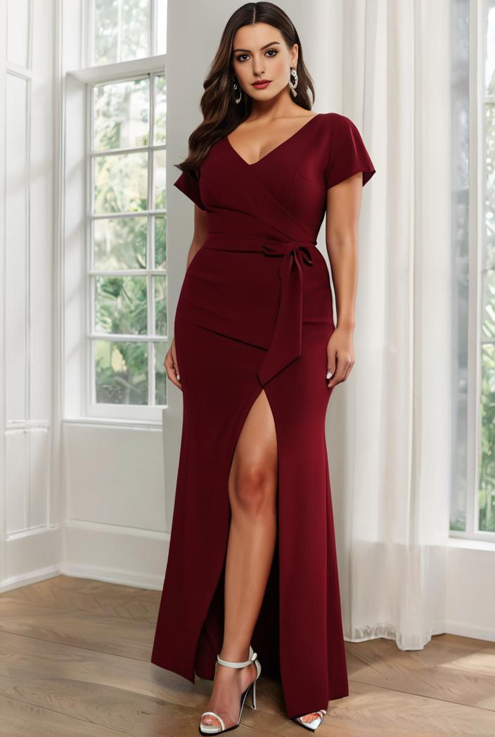 plus size front slit short sleeve with sequin mother of the bride dress 124677