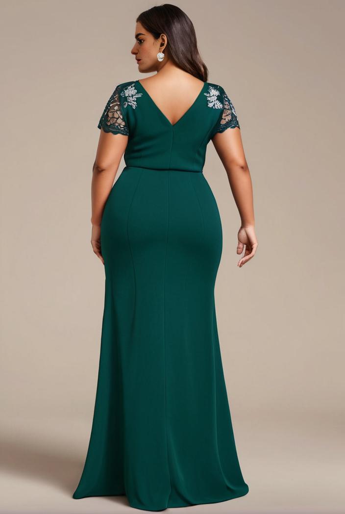 plus size front slit short sleeve with sequin mother of the bride dress 124683