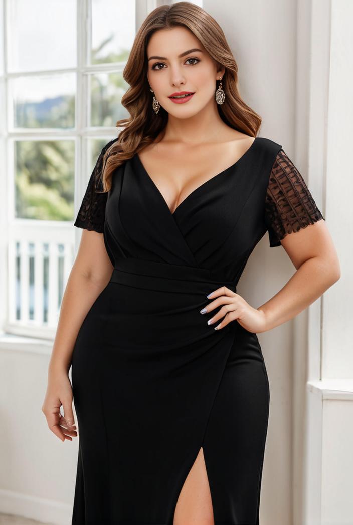 plus size front slit short sleeve with sequin mother of the bride dress 124697