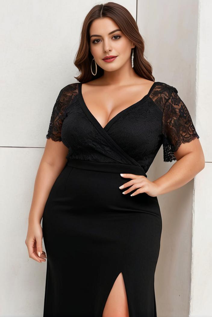 plus size front slit short sleeve with sequin mother of the bride dress 124699