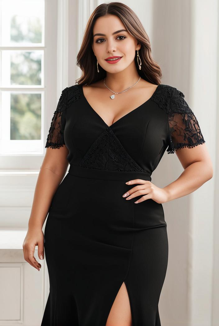 plus size front slit short sleeve with sequin mother of the bride dress 124702