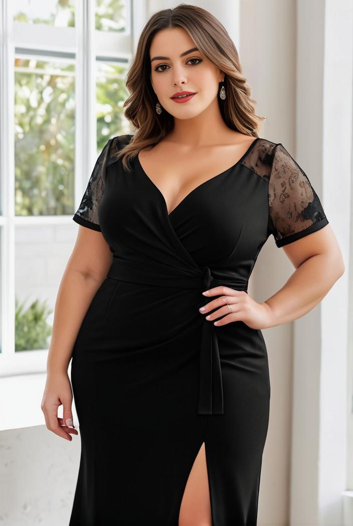 plus size front slit short sleeve with sequin mother of the bride dress 124703