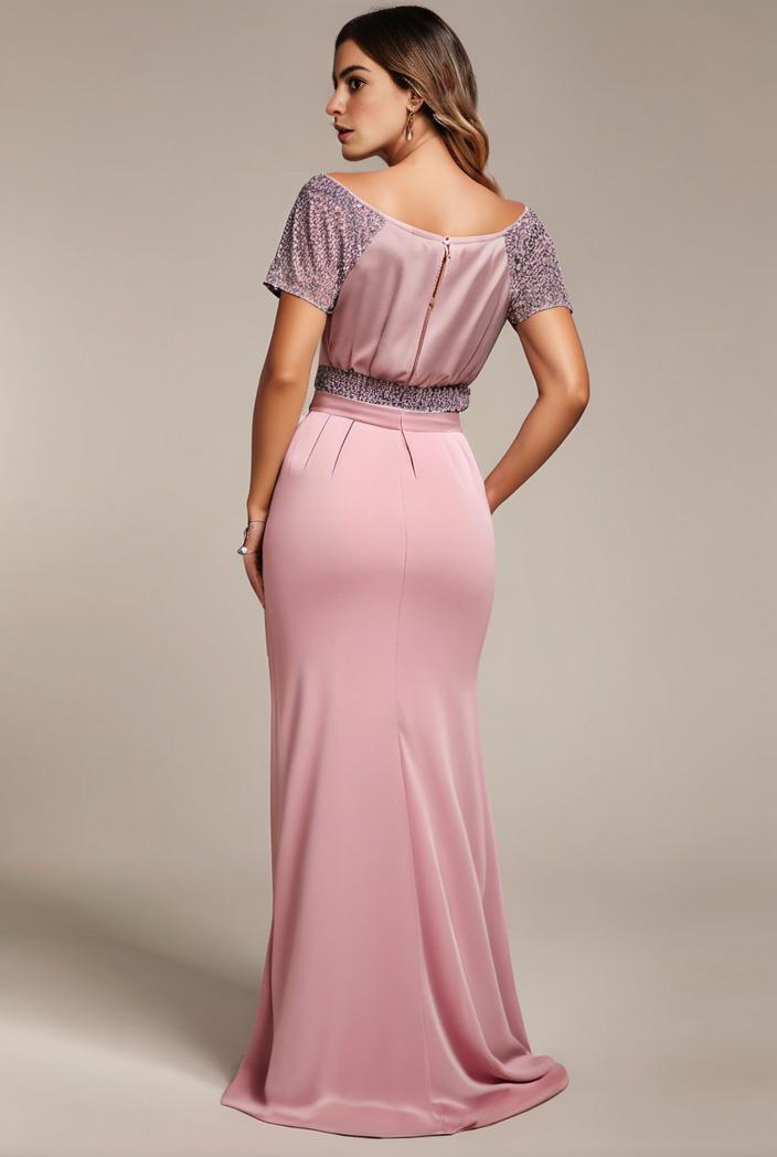 plus size front slit short sleeve with sequin mother of the bride dress 124718