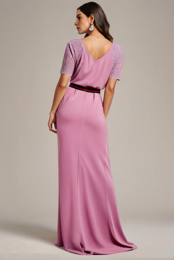 plus size front slit short sleeve with sequin mother of the bride dress 124719