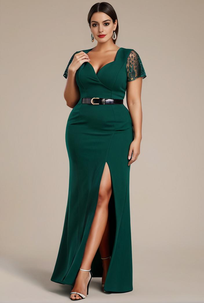 plus size front slit short sleeve with sequin mother of the bride dress 124722