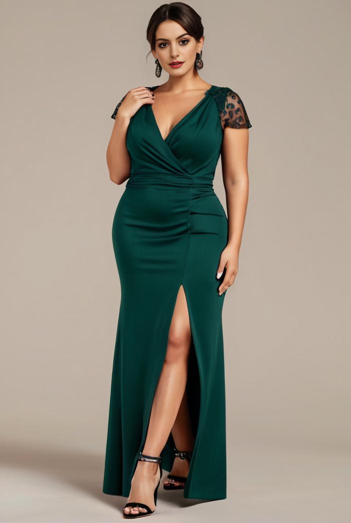 plus size front slit short sleeve with sequin mother of the bride dress 124724