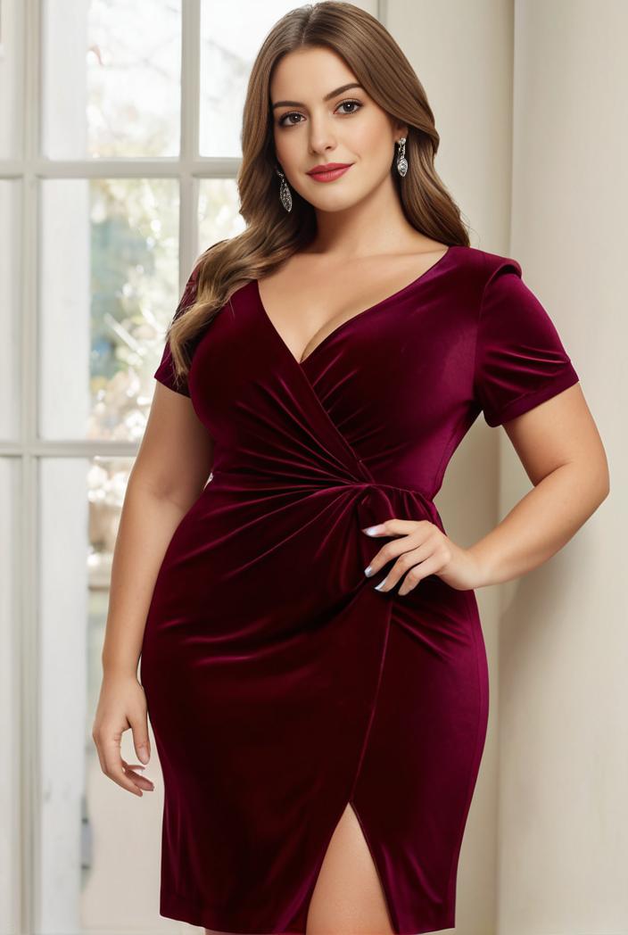 plus size front slit short sleeve with sequin mother of the bride dress 124728