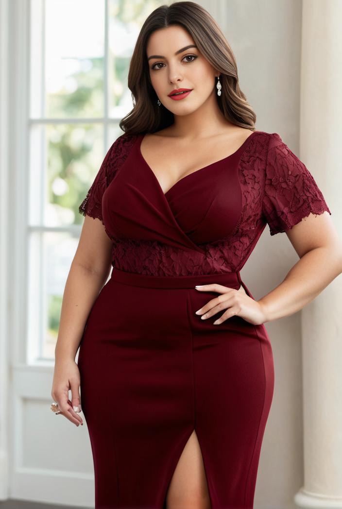 plus size front slit short sleeve with sequin mother of the bride dress 124730