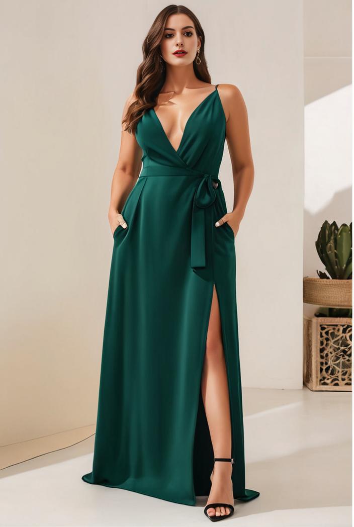 plus size shiny v neck side slit formal evening dress 126185