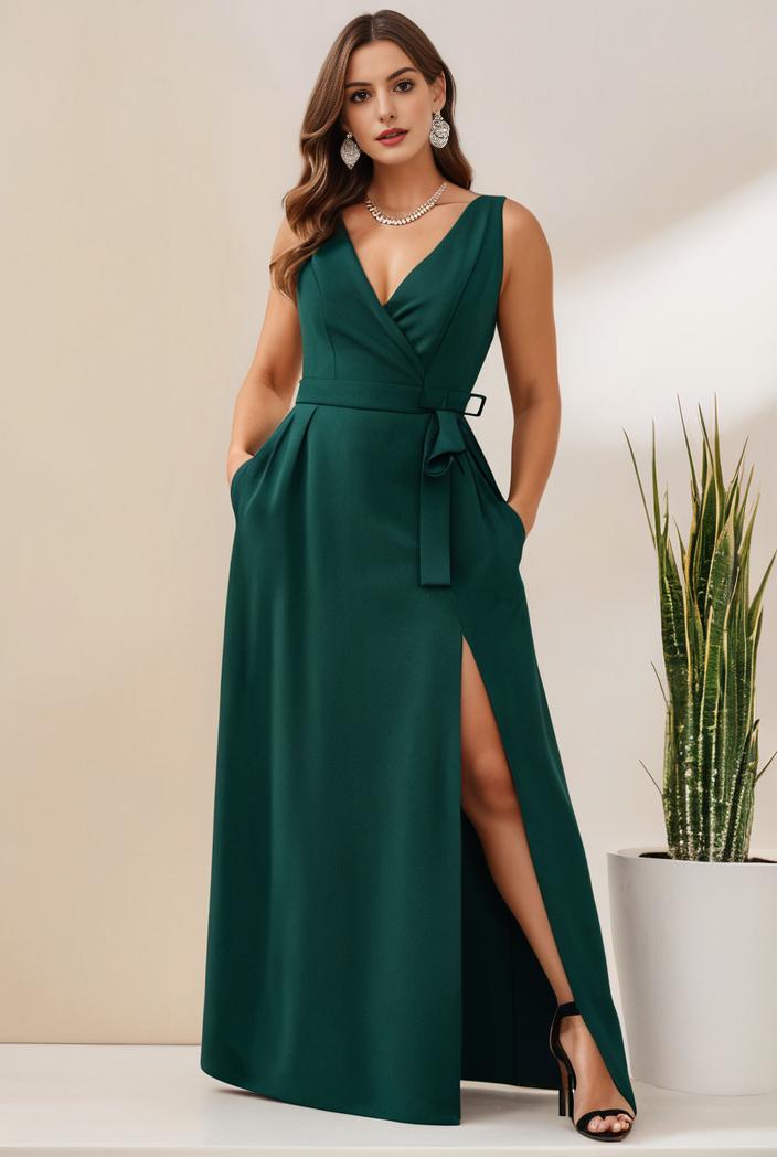 plus size shiny v neck side slit formal evening dress 126193