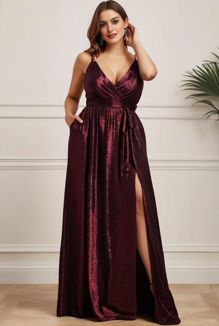 plus size shiny v neck side slit formal evening dress 126208