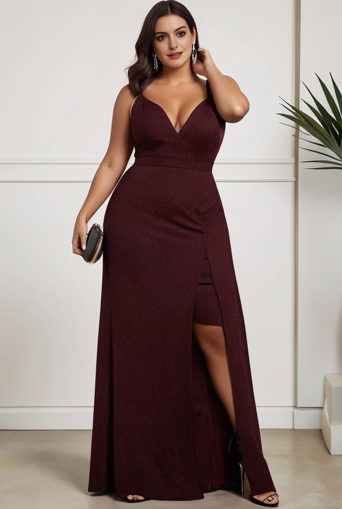 plus size shiny v neck side slit formal evening dress 126210