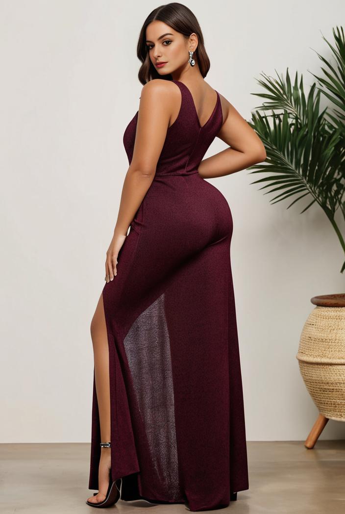 plus size shiny v neck side slit formal evening dress 126220