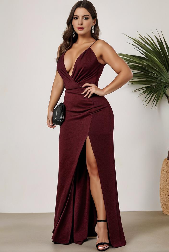 plus size shiny v neck side slit formal evening dress 126234