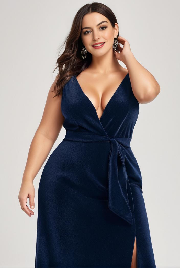 plus size shiny v neck side slit formal evening dress 126286