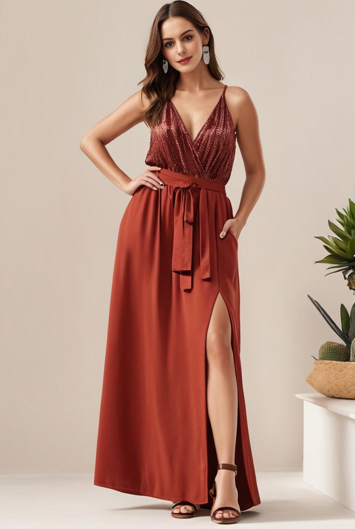 plus size shiny v neck side slit formal evening dress 126303