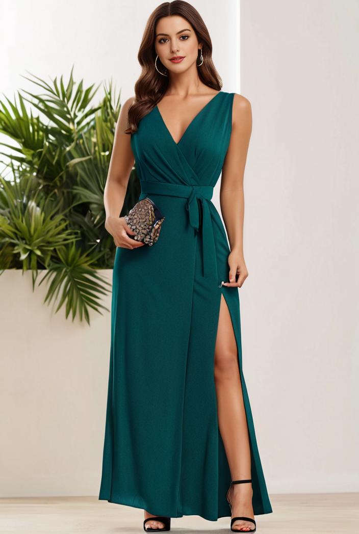 plus size shiny v neck side slit formal evening dress 126355