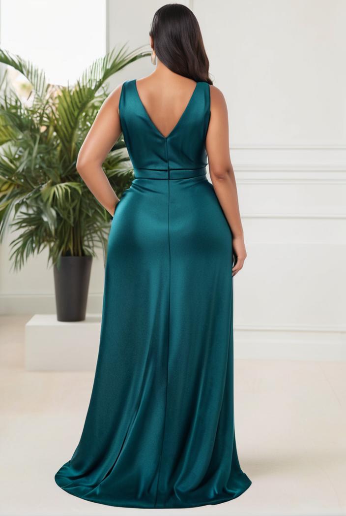 plus size shiny v neck side slit formal evening dress 126360