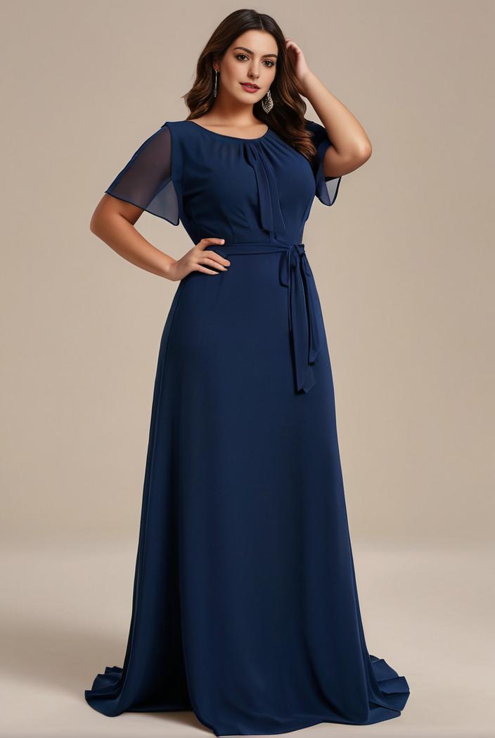 plus size simple chiffon pleated a line round neckline bridesmaid dress 126434