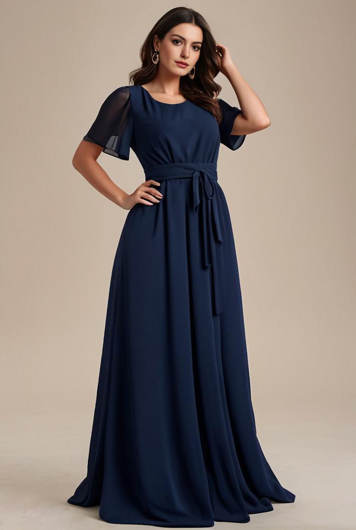 plus size simple chiffon pleated a line round neckline bridesmaid dress 126438