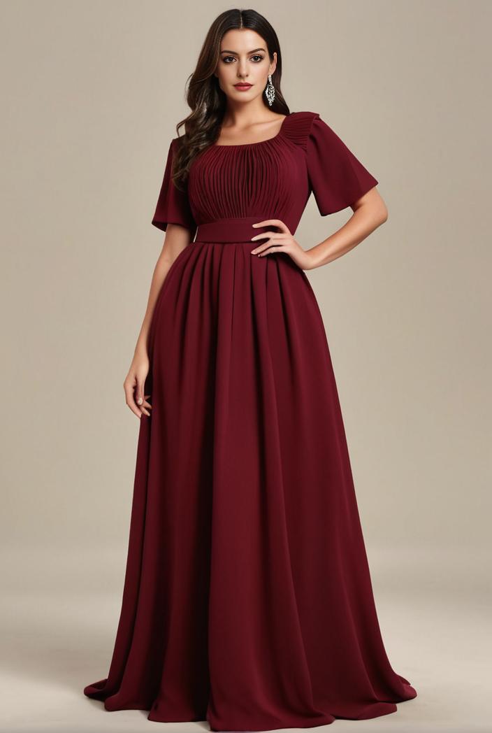 plus size simple chiffon pleated a line round neckline bridesmaid dress 126488
