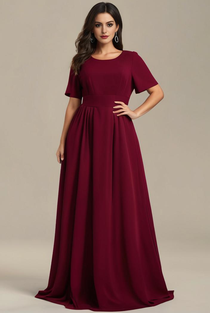 plus size simple chiffon pleated a line round neckline bridesmaid dress 126489