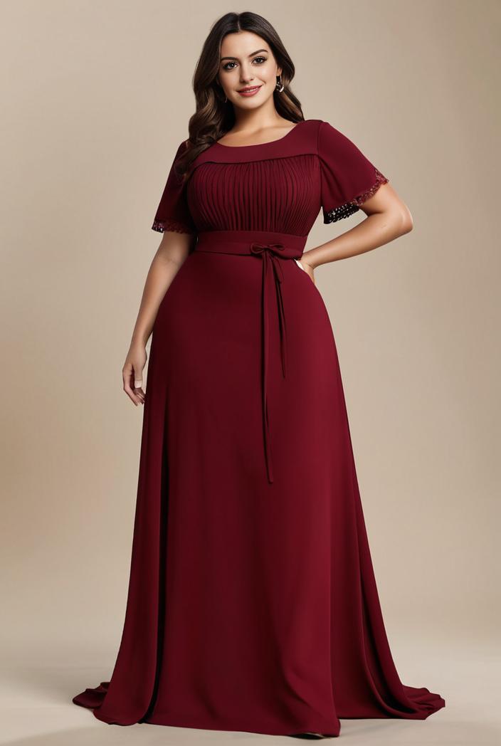 plus size simple chiffon pleated a line round neckline bridesmaid dress 126490