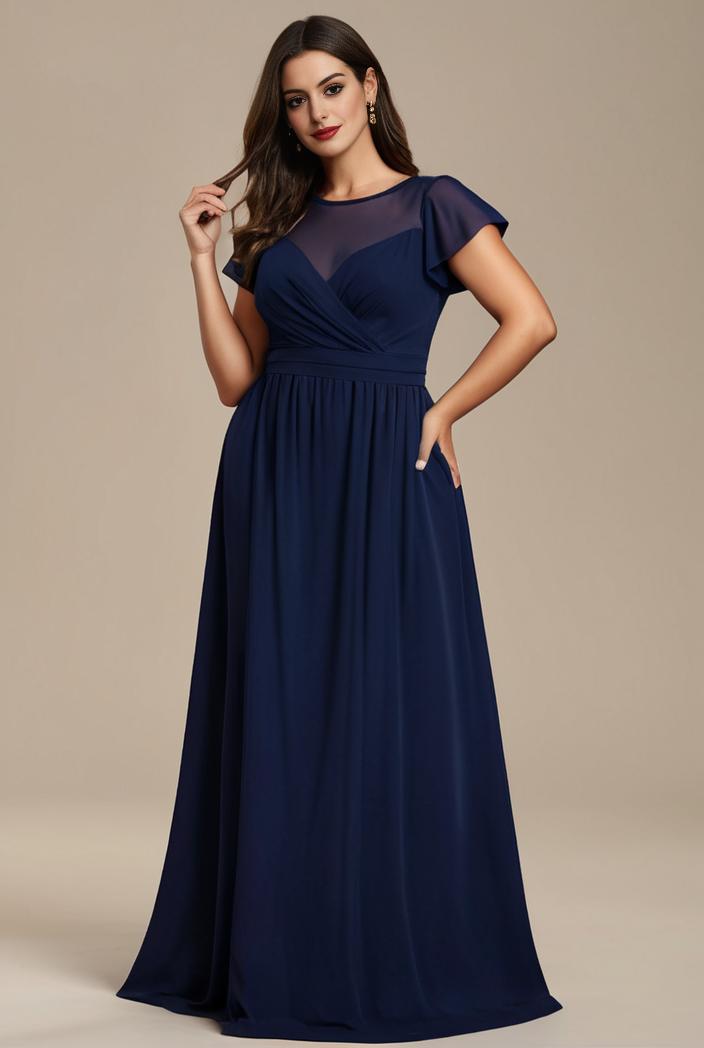 plus size simple chiffon pleated a line round neckline bridesmaid dress 126497