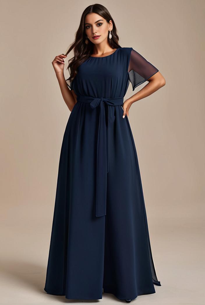 plus size simple chiffon pleated a line round neckline bridesmaid dress 126498