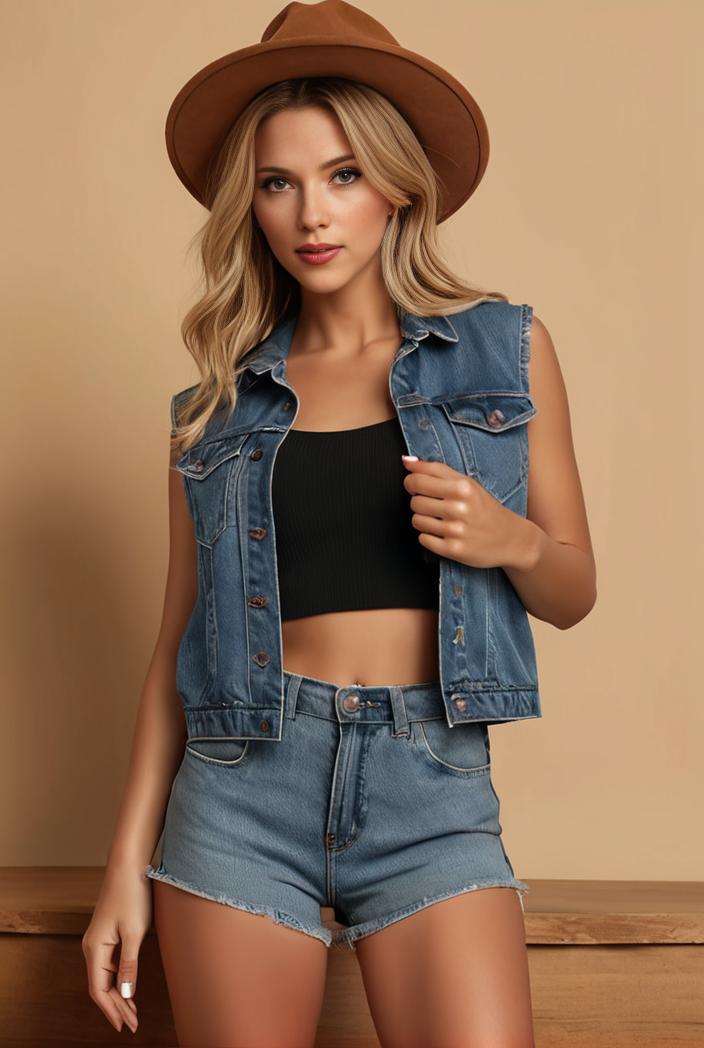 washed denim sleeveless vest with distressed ripped lapel women s denim jacket collection 131167
