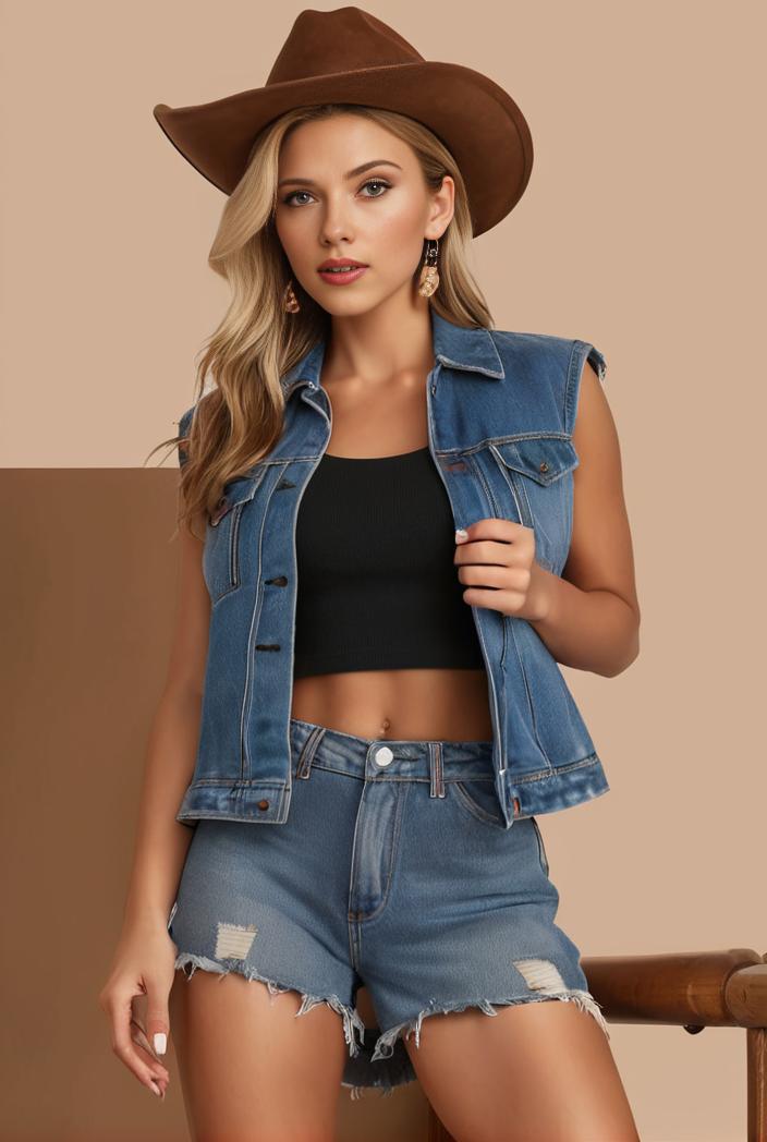 washed denim sleeveless vest with distressed ripped lapel women s denim jacket collection 131169