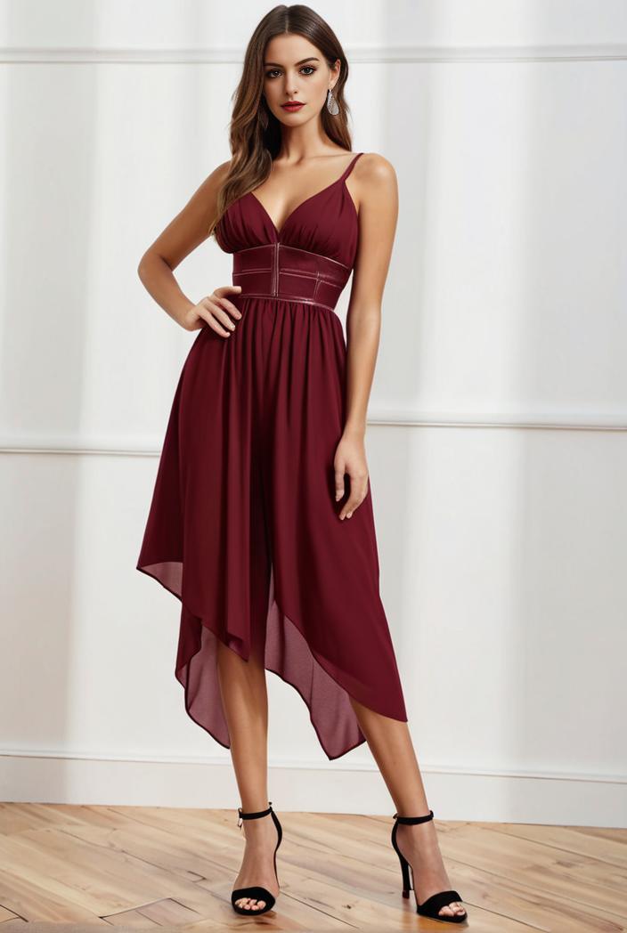 deep v neck lace chiffon bridesmaid dress with asymmetrical hem 135675