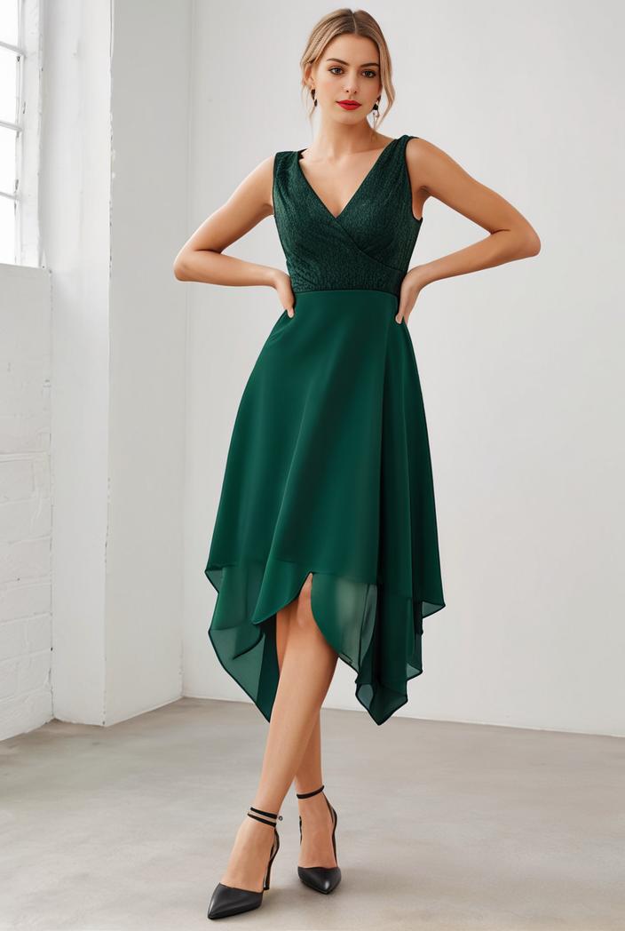 deep v neck lace chiffon bridesmaid dress with asymmetrical hem 135677