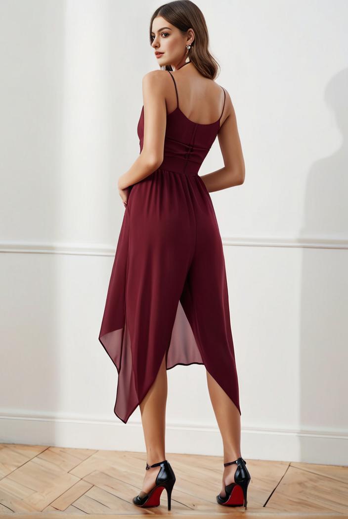 deep v neck lace chiffon bridesmaid dress with asymmetrical hem 135737