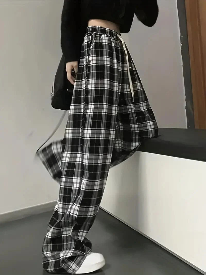 Plaid Drawstring Trousers with Straight Legs: Relaxed Fit Bottoms Ideal for Spring & Autumn, Women's Fashion