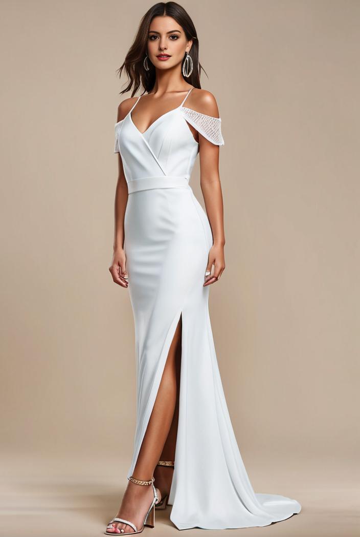 pearl chain cold shoulder front slit pleated mermaid wedding dress 141500