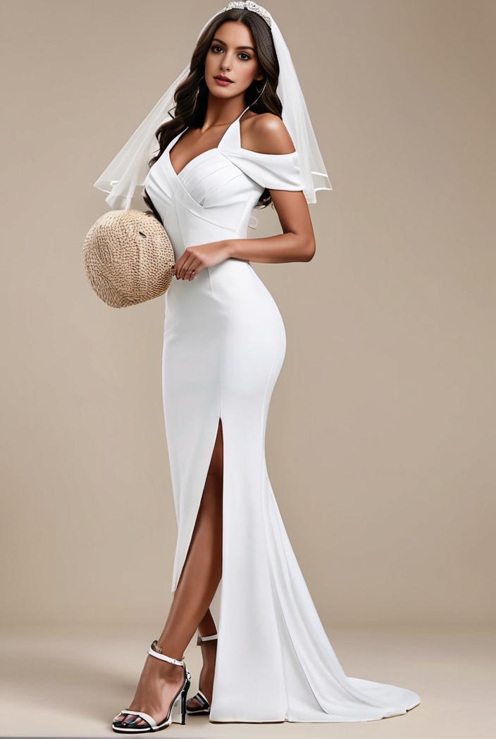 pearl chain cold shoulder front slit pleated mermaid wedding dress 141522