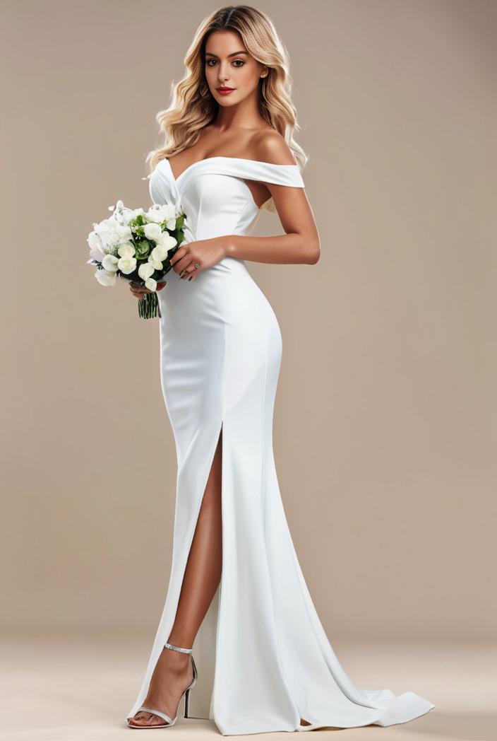 pearl chain cold shoulder front slit pleated mermaid wedding dress 141523