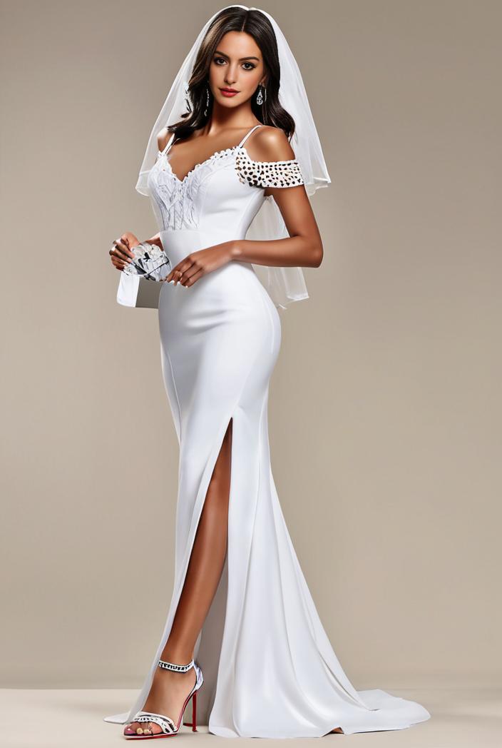pearl chain cold shoulder front slit pleated mermaid wedding dress 141525